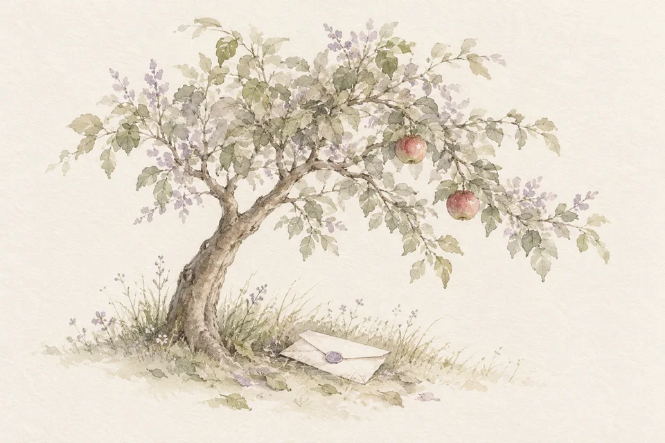 A softly painted apple tree on warm paper, with light branches and a letter resting beneath it.